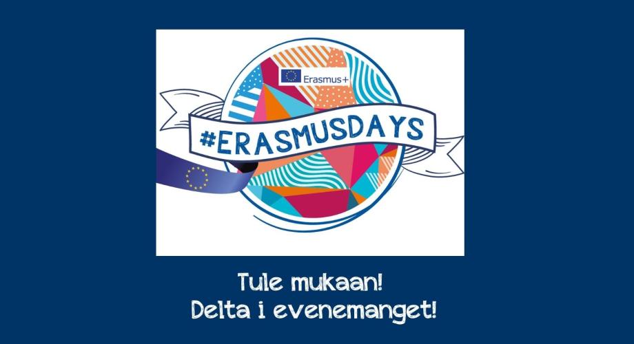 ErasmusDays-logo ja teksti Tule mukaan! Delta i evenemanget.