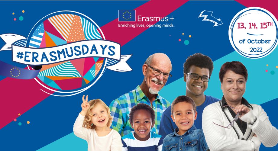 ErasmusDays-logo ja ihmisiä poseeraamassa kameralle. 