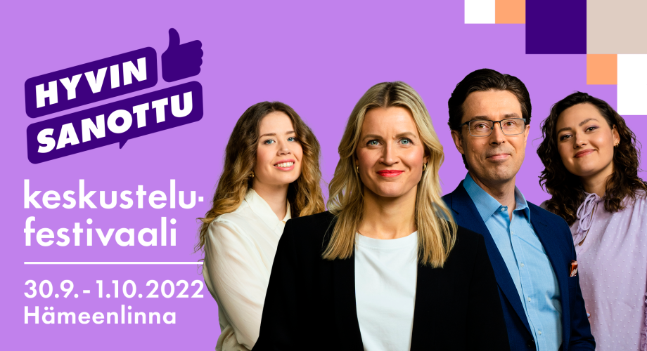 Hyvin sanottu -keskustelufestivaalin posterissa on neljä keskustelijaa.