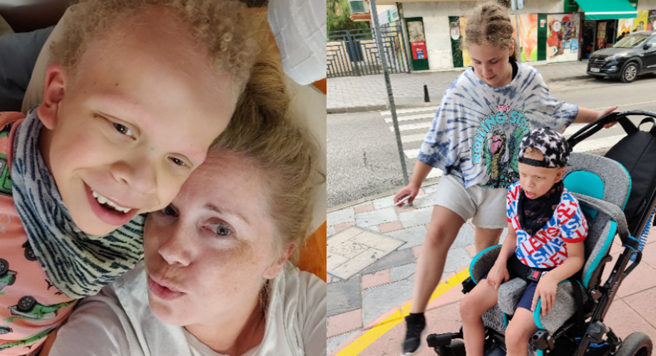 Two pictures of a mother with a handicapped child