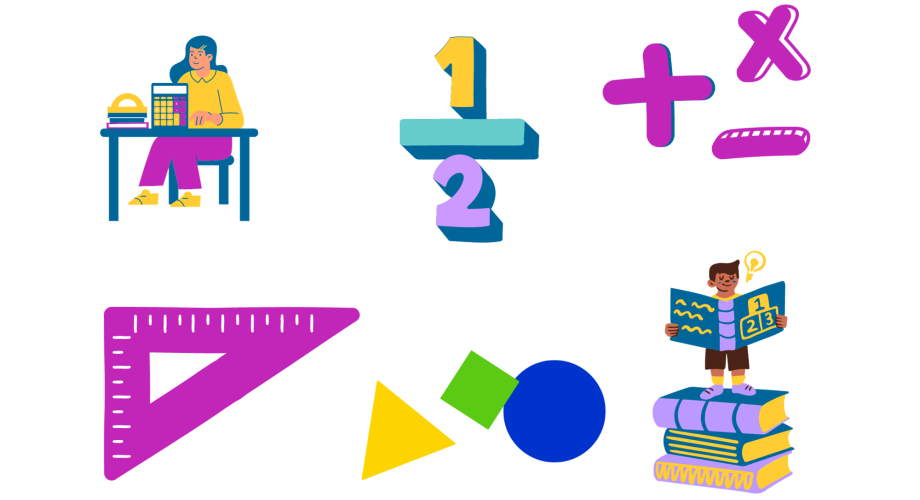 Koristeellinen piirroskuva matemaattisista välineistä, luvuista ja yhtälöistä sekä matematiikkaa laskevista oppilaista.
