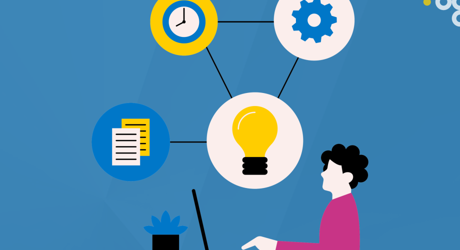 An illustration of a person on a laptop and connected symbols