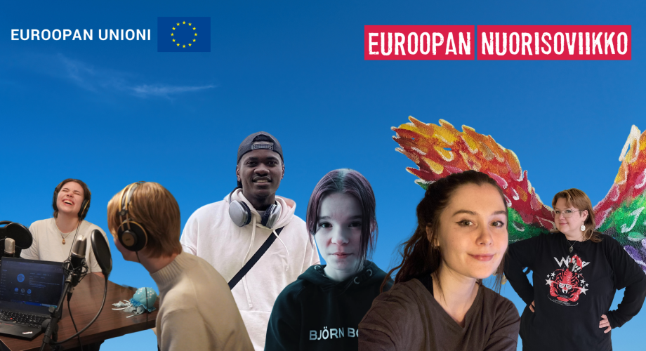 Kuvassa näkyy viisi Erasmus+ ja Euroopan solidaarisuusjoukot -ohjelmien hankkeisiin osallistunutta nuorta.