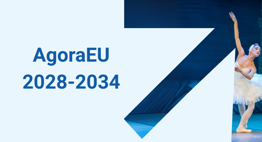 Teksti AgoraEU 2028-2034 ja oikealle ylös osoittava nuoli, jonka sisällä on balettitanssijan kuva.