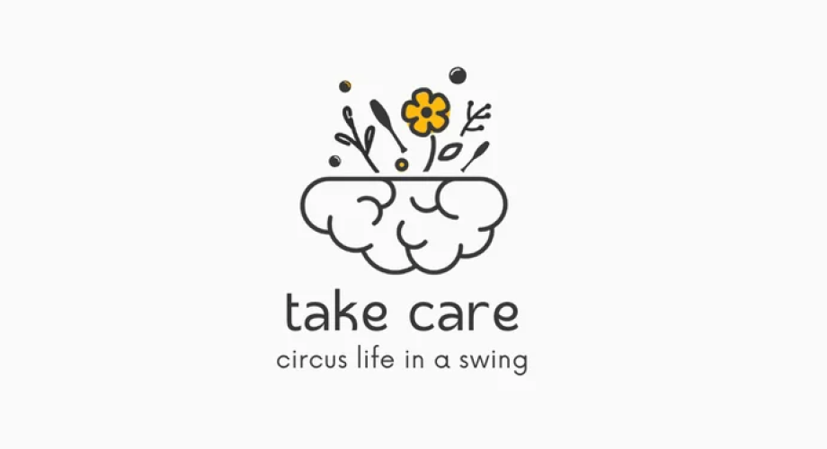 Kuvassa pilvi, jonka päällä kasveja ja teksti take care - circus life in a swing