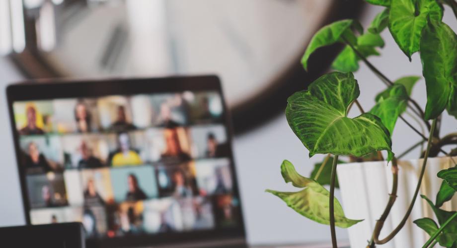 Ihmisiä tietokoneen näytöllä webinaarissa.
