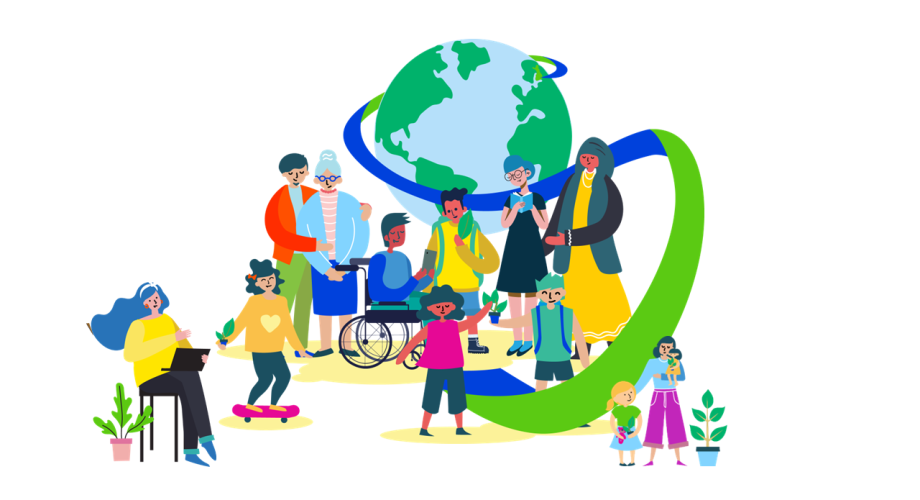 Kuvitus, jossa ihmiset seisovat yhdessä maapallon edessä. En illustration där människor står tillsammans framför en jordglob. An illustration showing people gathered in front of a globe