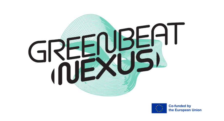 Logo, joss vihreä läiskä ja teksti GreenBeat Nexus, co-funded by the EU.