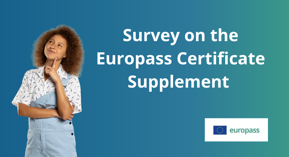 A blue-green gradient background with a thinking woman on the bottom left corner. A Europass logo is on the bottom right corner. In the middle of the picture is a text that says "Survey on the Europass Certificate Supplement".