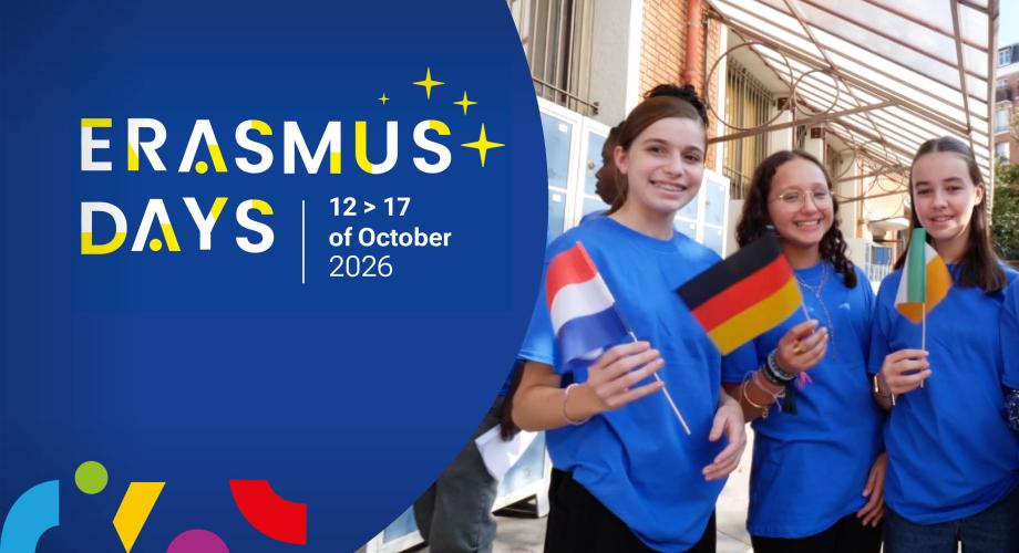 ErasmusDays 12.-17.10.2026. Kuvassa nuoria eri maiden lippuja käsissä.