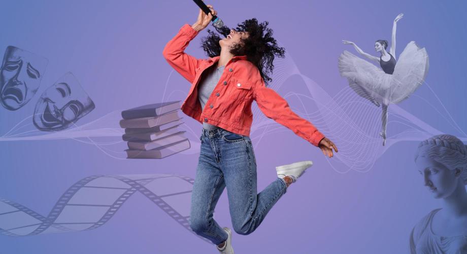 Punatakkinen henkilö laulaa mikrofoniin, taustalla filmirulla, kirjapino, teatterinaamiot, Antiikin patsas ja ballerina.