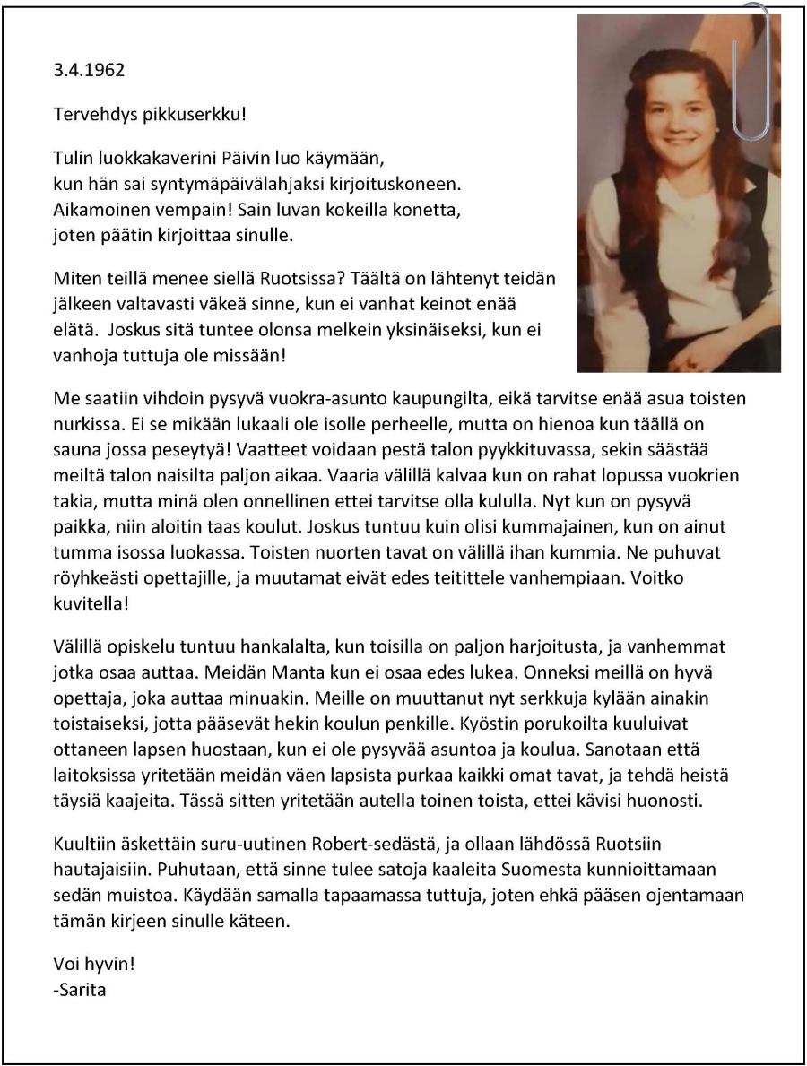 Kuvakaappaus Saritan kirjeestä