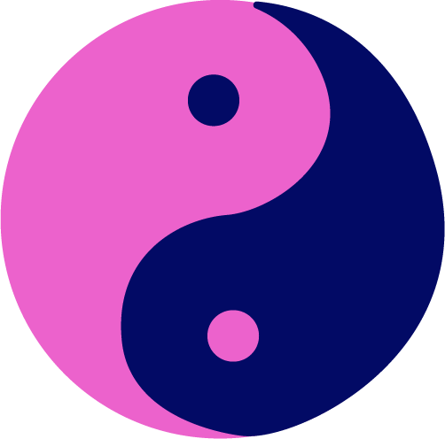 Yksinkertaisessa, purppurasävyisessä piirroskuvassa on jing ja jang -symboli.