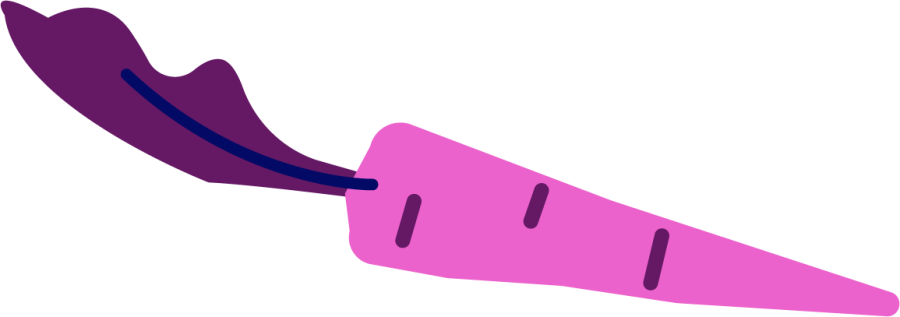 Yksinkertaisessa, purppurasävyisessä piirroskuvassa on porkkana kyljellään.