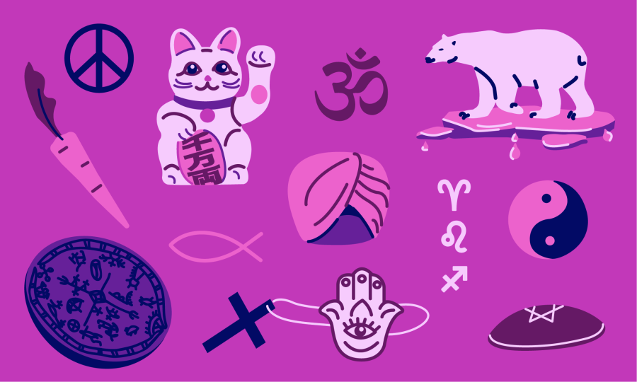 Yksinkertaisessa, purppurasävyisessä piirroskuvassa on kuvia eri katsomuksista. Ylhäältä vasemmasta alkaen kuvassa on porkkana, rauhanmerkki, Maneki neko, om-symboli, jääkarhu sulavalla jäälautalla, shamaanirumpu, ictys-symboli, turbaani, horoskooppimerkkejä allekkain, jing ja jang -symboli, risti ja Fatiman käsi rinnakkain sekä kipa.