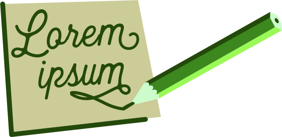 Yksinkertaisessa, vihreäsävyisessä piirroskuvassa on muistilappu, johon kynä kirjoittaa: Lorem ipsum.