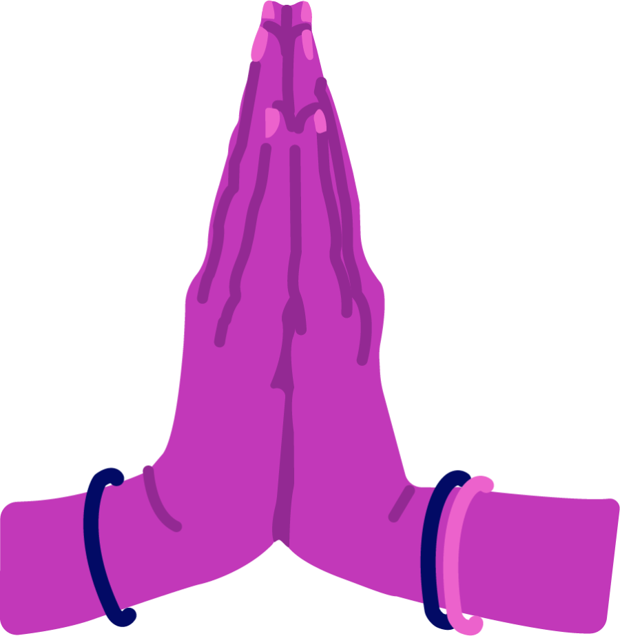 Yksinkertaisessa, purppurasävyisessä piirroskuvassa on Namaste-rukoukseen nousevat kädet.