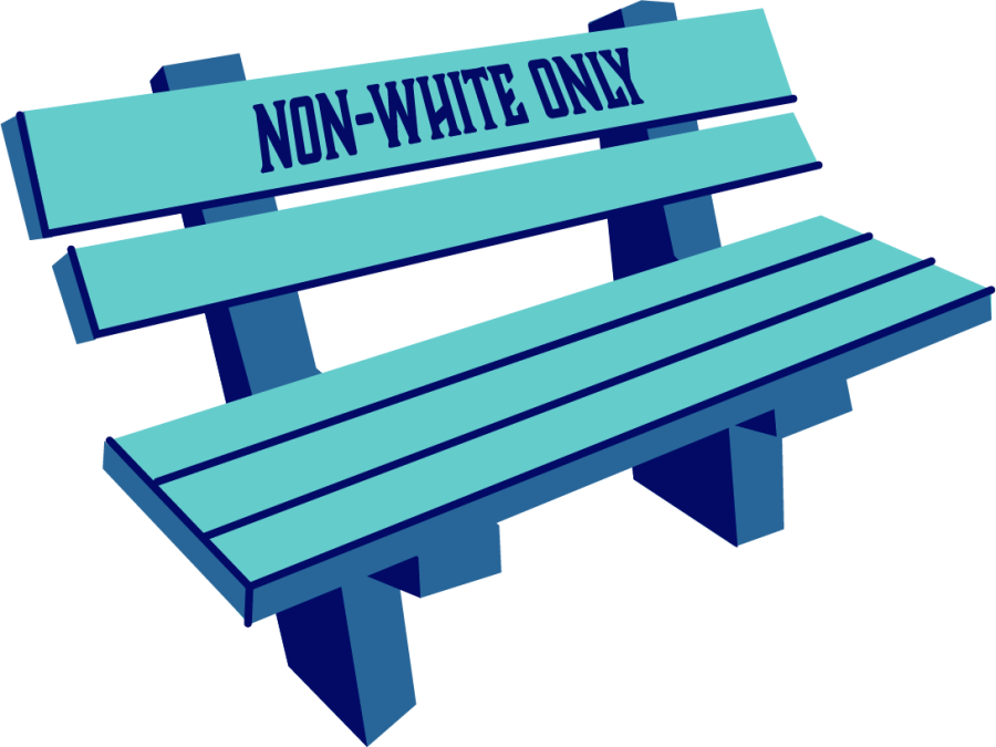 Yksinkertaisessa, sinisävyisessä piirroskuvassa on apartheidin ajan penkki, jonka selkänojassa lukee: Non-white only.