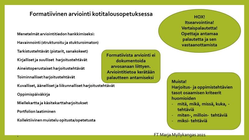 Kuvituskuva: Kuviossa on esitettynä kirjallisessa muodossa formatiivinen arviointi kotitalousopetuksessa