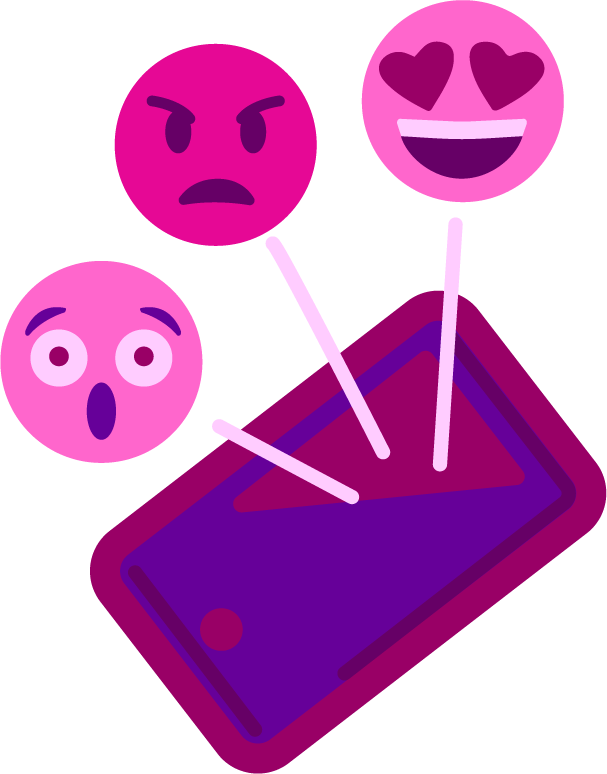 Purppurainen piirros emojeista puhelimen ruudulla