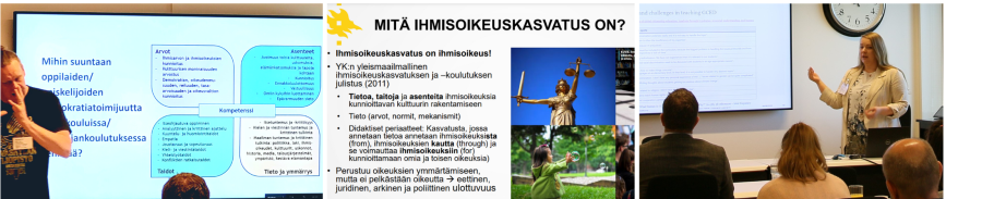 Kuvakollaasi: DIOK-pilottihankkeen seuraavat esiintyjät. Kollaasissa on kolme kuvaa: kuva Tuija Kasasta yleisön edessä, kuvakaappaus Kasan yhdestä diasta otsikolla Mitä ihmisoikeuskasvatus on? sekä kuva Matti Rautiaisesta yleisön edessä.