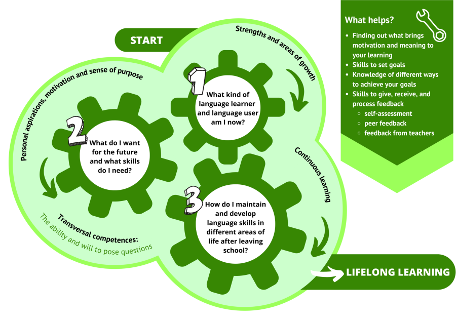 Path starts from strengths and areas of growth: What kind of language learner and language user am I now? It continues to personal aspirations, motivation and sense of purpose: What do I want for the future and what skills do I need? The path passes along transversal competences (the ability and will to pose questions). Next, it passes continuous learning: How do I maintain and develop language skills in different areas of life after leaving school? The path finally leads to lifelong learning.