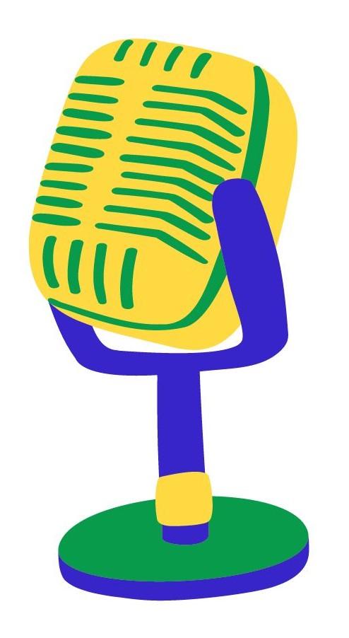 Piirroskuva radiomikrofonista. Piirroksen väreinä on käytetty vihreää, sinistä ja keltaista.