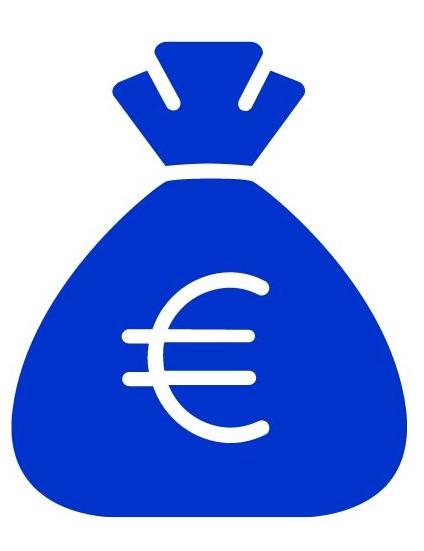 Sininen piirros rahapussista, jonka kyljessä on eurosymboli. Piirros on toteutettu Canva-palvelussa.