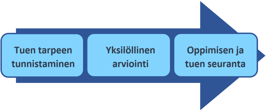 Arvioinnin kolme tasoa: tuen tarpeen tunnistaminen, yksilöllinen arviointi, oppimisen ja tuen seuranta.