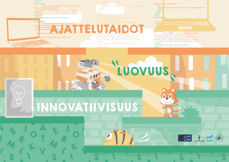 Kuvassa esitellään ohjelmointiin liittyvät sanat: ajattelutaidot, luovuus ja innovatiivisuus sekä kuvitusta.
