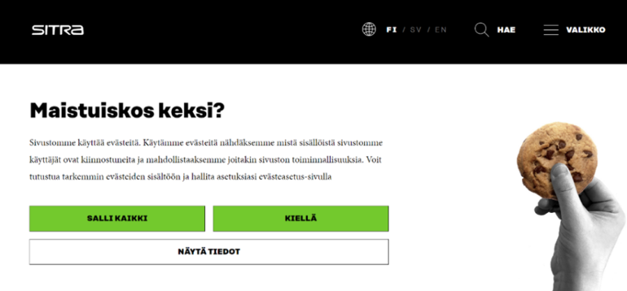 Kysely evästeiden hyväksymisestä Sitran sivuilla: Maistuiskos keksi