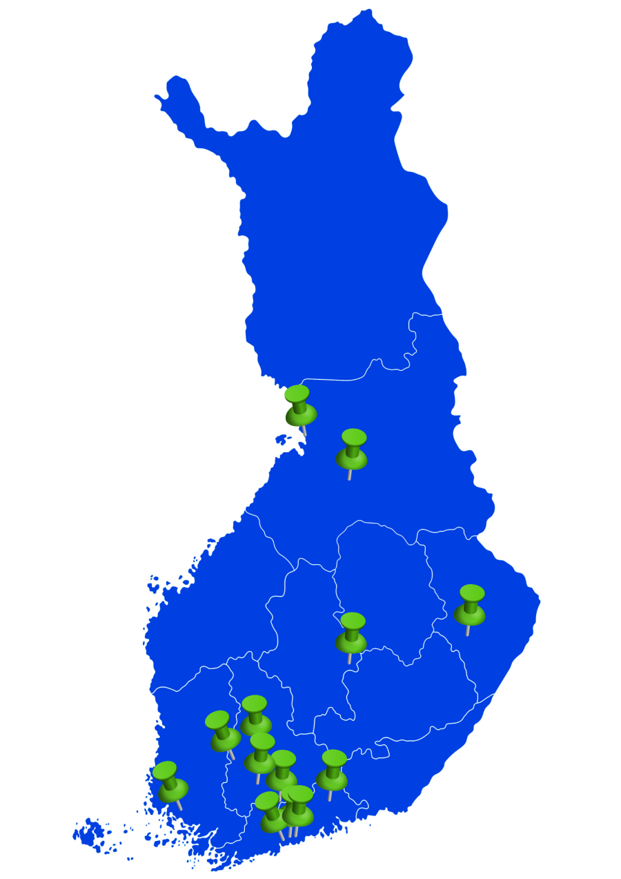Suomen kartta, johon on merkitty ne paikkakunnat, joilla Opetushallituksen asiantuntijat vierailivat toukokoisen #OPHVierailee-tempauksen aikana. Paikkakunnat olivat Joensuu, Liminka, Vaala, Tuusula, Turku, Vantaa, Riihimäki, Järvenpää, Punkalaidun, Forssa, Helsinki, Orimattila, Tampere, Jyväskylä ja Kerava.