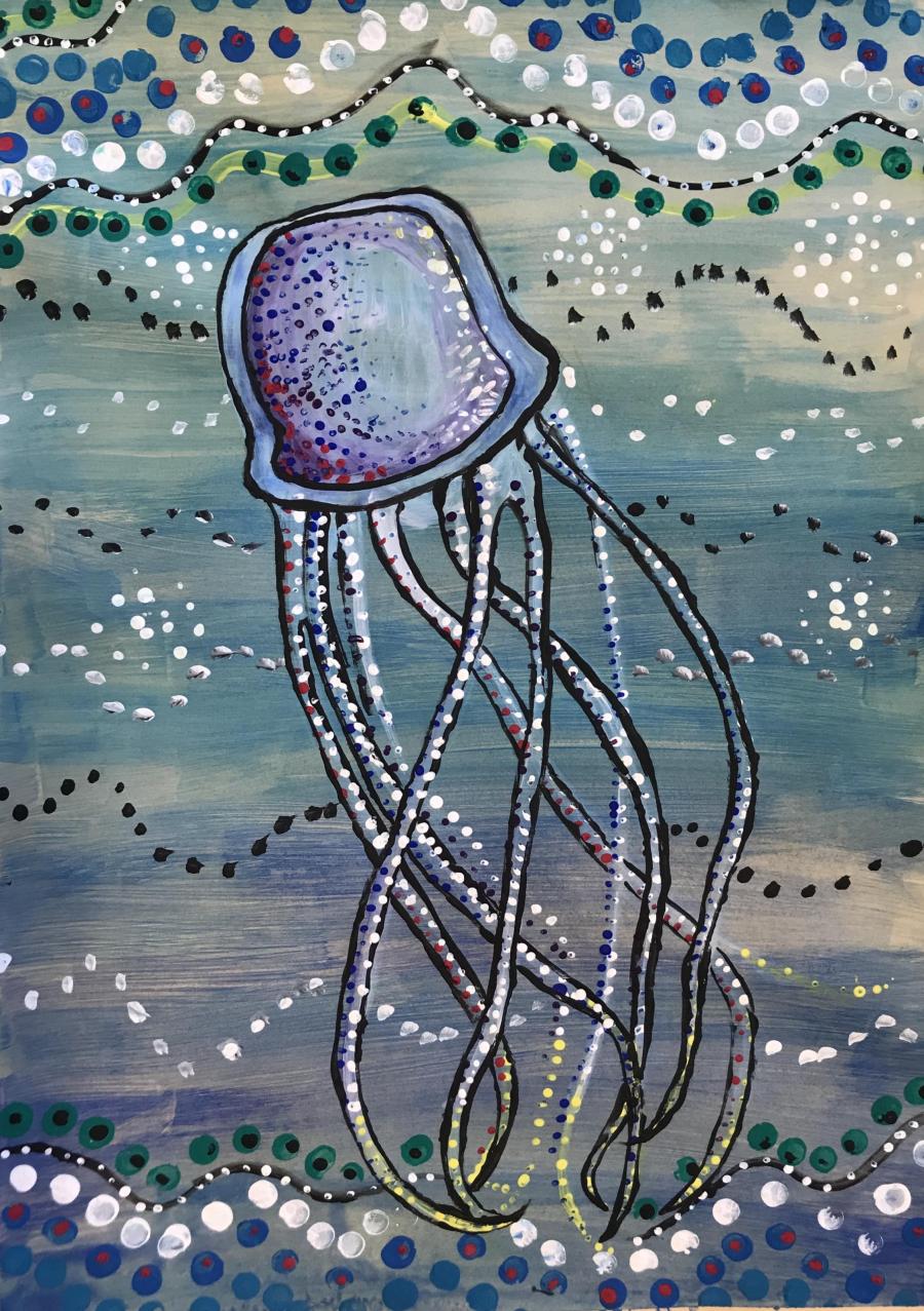 Kuvituskuva. Oppilaan maalaus tanssivasta meduusasta.
