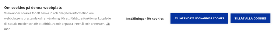 En notis om att sidan använder cookies på Utbildningsstyrelsens webbplats. Besökaren får antingen "tillåta enbart nödvändiga cookies" eller "tillåta alla cookies".