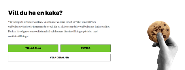En notis om att sidan använder cookies. Besökaren får antingen "tillåta alla" eller "avvisa" kakorna.