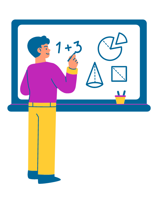 Piirroskuva oppilaasta, joka laskee taululle matematiikkaa.