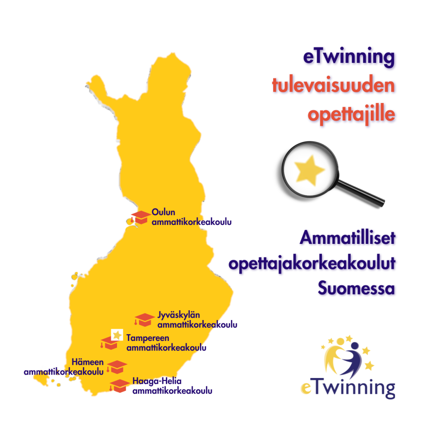 Kuva Suomen kartasta, johon merkittynä ammatilliset opettajakorkeakoulut Suomessa.