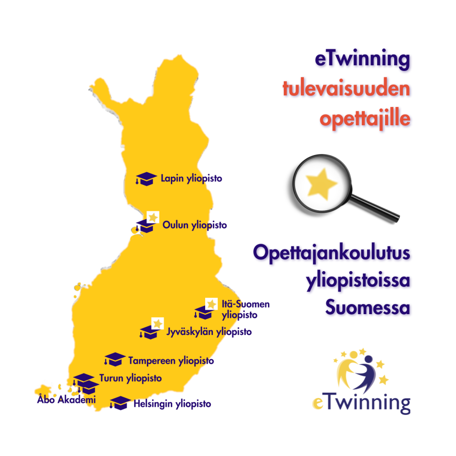 Kuva Suomen kartasta, johon merkittynä opettajankoulutus yliopistoissa Suomessa.