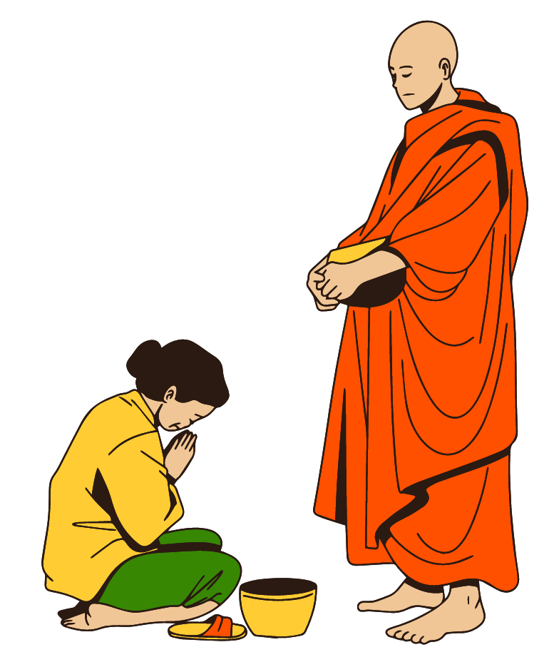 Piirroskuva rukoilevasta kansalaisesta buddhalaisen munkin edessä