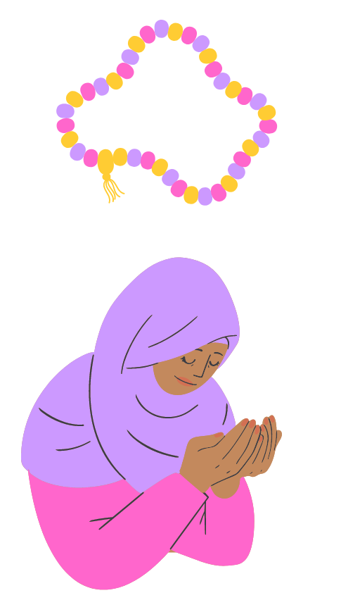 Piirroskuva rukousnauhasta sekä rukoilevasta musliminaisesta.