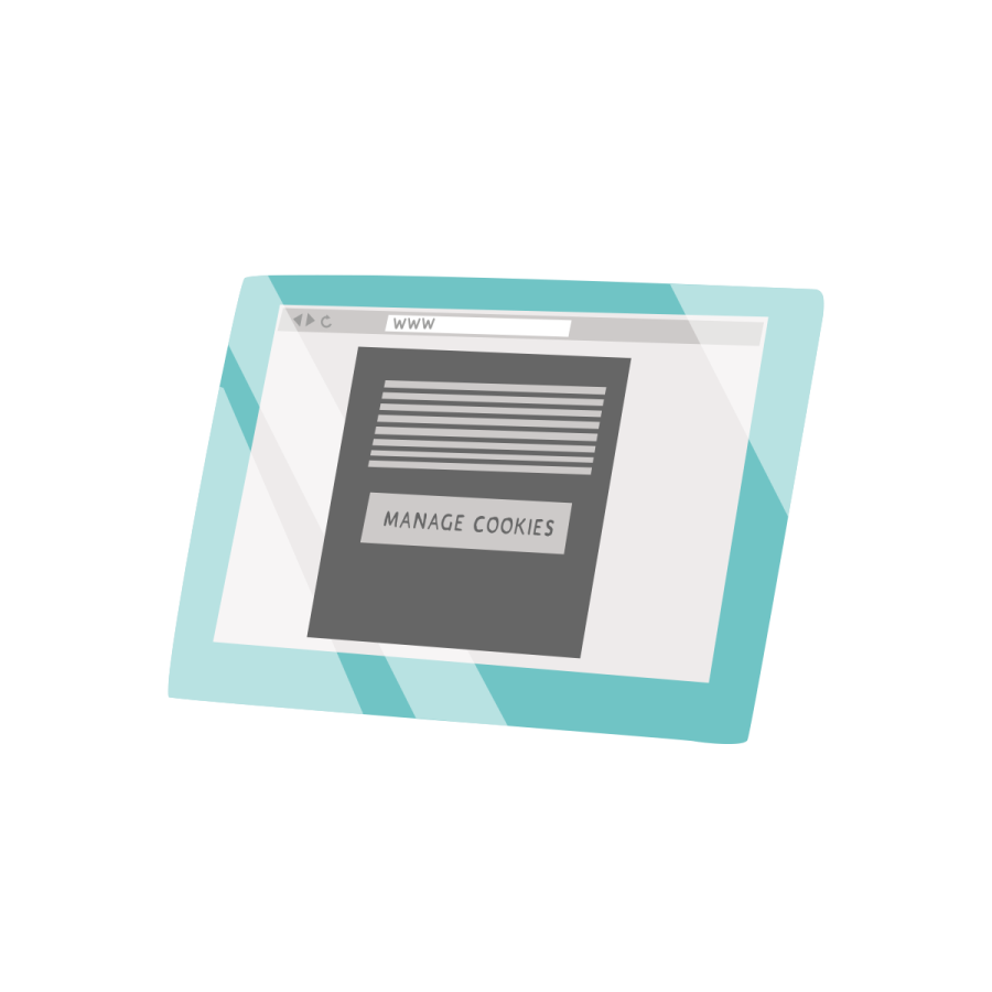 Cookie. Drawing. In the picture, there is the screen of a digital device with an open internet browser in the center. In the middle of the screen, there is a pop-up window that reads 'Manage Cookies'