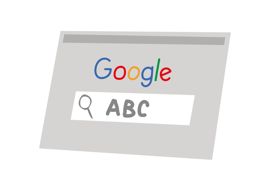 Googlata. Piirroskuva, jossa kuvataan digitaalisen laitteen näyttöä. Näytöllä on auki selain. Selaimen keskellä on Googlen logo. Logon alla on hakukenttä, jota kuvataan suurennuslasilla ja ABC kirjaimilla.