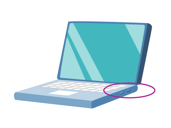 HDMI and USB. Drawing featuring a laptop. A part of the laptop's edge has been circled to highlight HDMI and USB slots for connection.