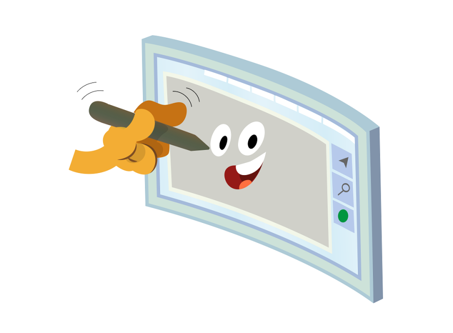Stylus. Drawing depicts a hand holding a stylus and a screen of a digital device. A picture of a smiling face has been drawn on the screen.