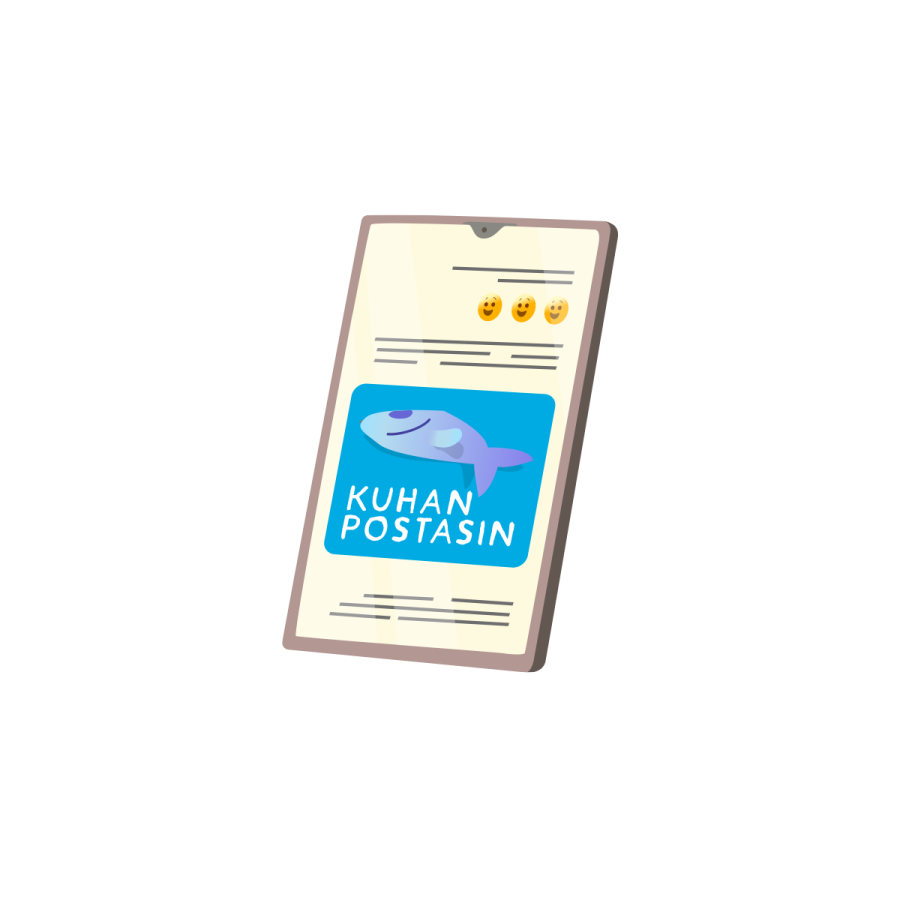 Meemi. Piirroskuva, jossa on kännykän näyttö. Näytöllä on auki chatti, jossa on kuva kalasta sinisellä taustalla. Kalan alla on teksti "Kuhan postasin".