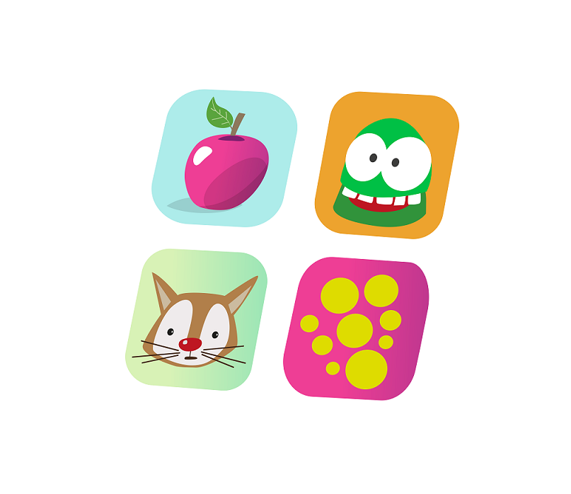 Game. Drawing features four different symbols: an apple, a funny looking creature, a cat, and a figure formed by different sized circles.