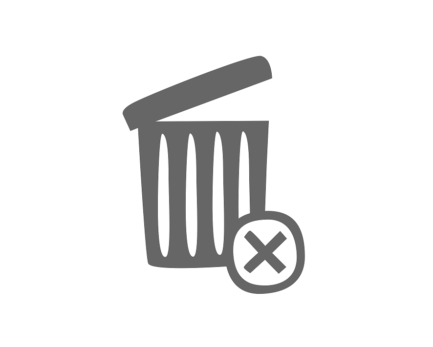 To delete. Drawing features an open, gray rubbish bin. On the bottom right there is a circle with a cross inside it.