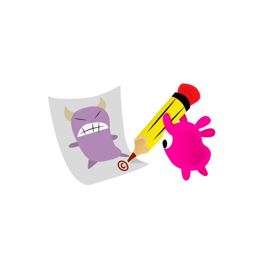 Copyright. A drawing in which a creature has drawn a large, purple, grinning creature on paper with a big pencil. In the bottom corner of the paper, they have drawn a circle with the letter 'C' inside it to signify copyright.