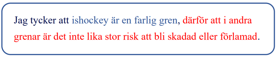 På bilden en exempeltext, från vilken meningens olika delar är understrukna i blått och rött
