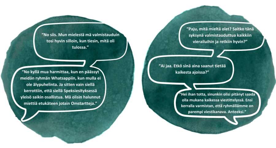 Puhekuplakeskustelu opettajan ja oppilaan välillä. Keskustelu käsittelee sitä, miten oppilas kokee jääneensä ryhmän keskinäisen viestittelyn ulkopuolelle, koska hän ei omista älypuhelinta.